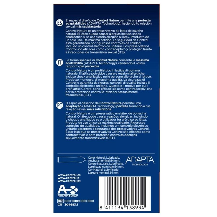 Confezione di 24 preservativi CONTROL ADAPTA NATURE di CONTROL CONDOMS, confezionati in scatola bianca con testo nero.