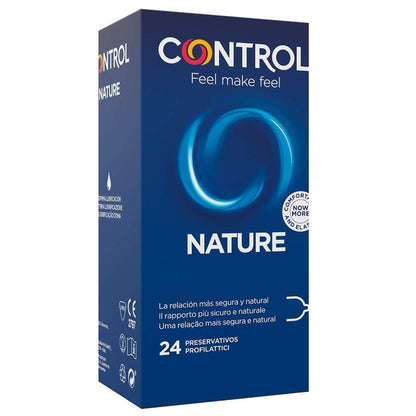 Confezione da 24 preservativi CONTROL ADAPTA NATURE di CONTROL CONDOMS, scatola con preservativi naturali e sicuri.