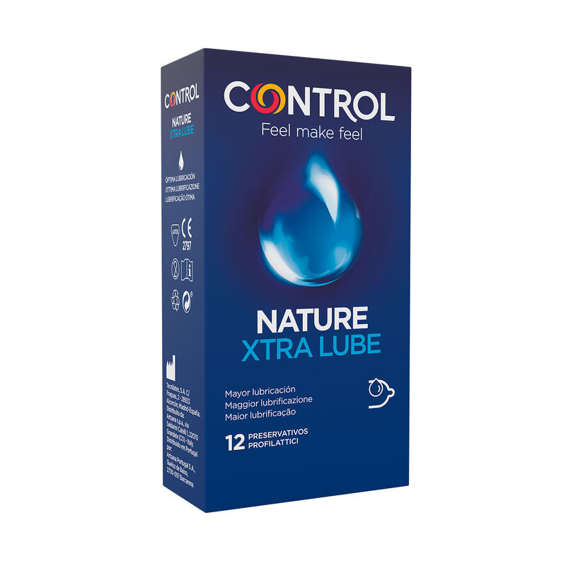 Preservativi CONTROL Adapta Nature Extralube in confezione da 12, confezione con preservativi naturali e lubrificati.