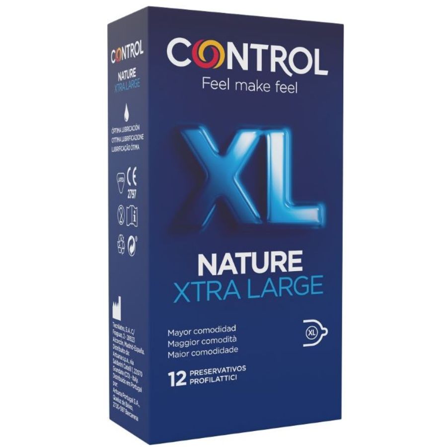 Preservativi CONTROL ADAPTA NATURE XL, confezione da 12 unità, con dettagli visibili sulla confezione e il logo CONTROL CONDOMS.