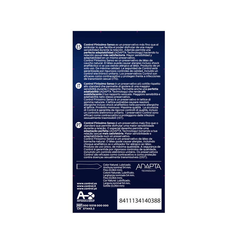Condoms CONTROL ADAPTA SENSO in confezione da 12, confezione con profilato e dettagli di sicurezza, marca CONTROL CONDOMS