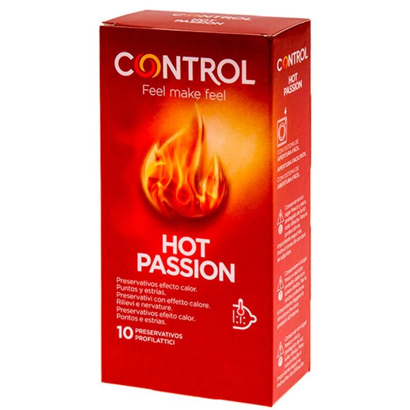 Confezione di 10 preservativi CONTROL Effetto Riscaldante Hot Passion, con lubrificante riscaldante, in confezione da 10 unità.