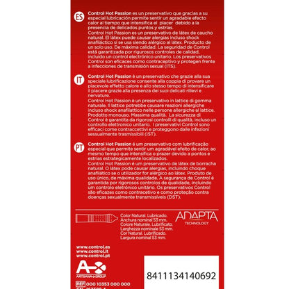 Preservativi CONTROL Effetto Riscaldante Hot Passion, confezione da 10 unità, con effetto riscaldante e sensuale.