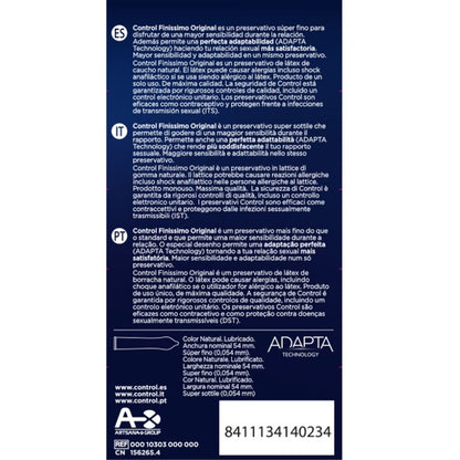 Condomini CONTROL Finissimo, confezione da 12 unità, con packaging semplice e immagine del prodotto in primo piano.