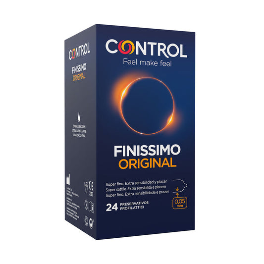 Condomini FINISSIMO CONTROL, confezione da 24 unità, con confezione di preservativi sottili e discreti.