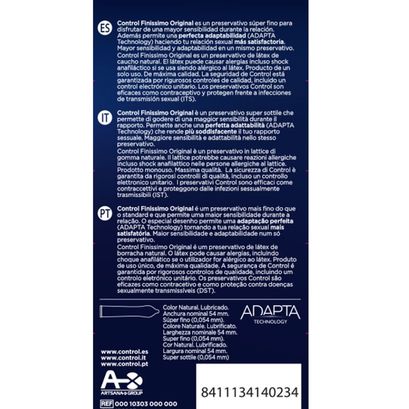 Controllo condom finissimo originale, confezione da 6 unità, dettagli visibili sulla confezione del prodotto.