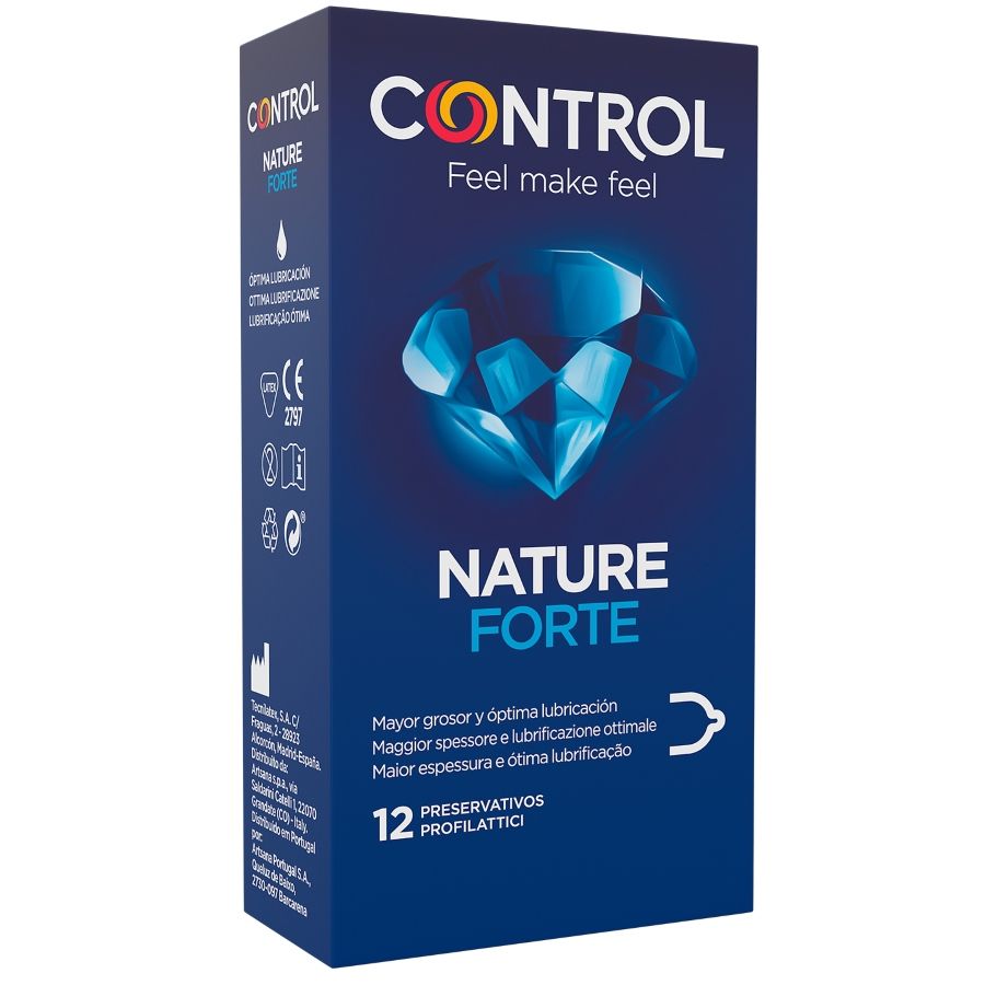Confezione di 12 preservativi CONTROL FORTE di CONTROL CONDOMS, confezione con dettagli e logo visibili.