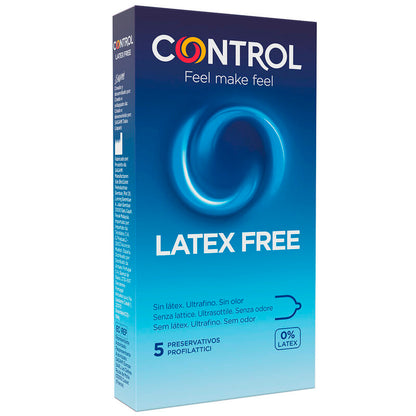 Preservativi senza lattice CONTROL Free Sin, confezione da 5 unità, con confezione bianca e logo CONTROL.