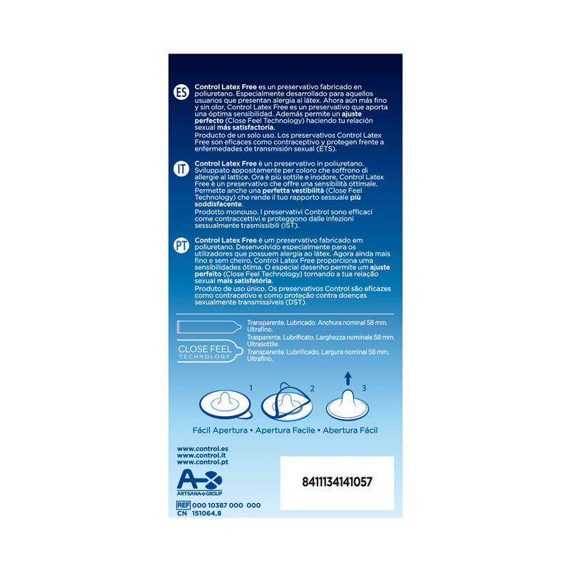 Preservativi senza lattice CONTROL Free Sin, confezione da 5 pezzi, con confezione e dettagli visibili.