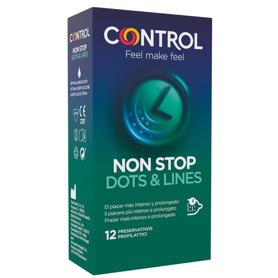 Confezione da 12 preservativi CONTROL NONSTOP DOTS AND LINES, design con punti e linee per maggiore piacere e sicurezza.
