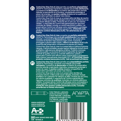 Preservativi CONTROL Nonstop Dots and Lines, confezione da 12 unità, con motivo di punti e linee per maggiore sensazione.