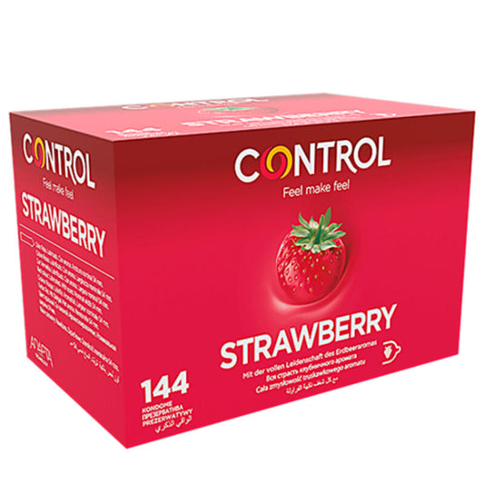 Preservativi Control Adapta alla Fragola, confezione da 144 unità, con lubrificazione e aroma alla fragola, per protezione e piacere.