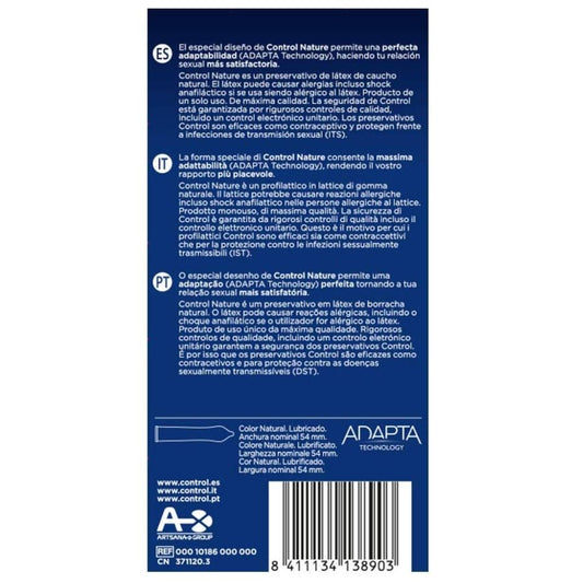 Preservativi adattivi CONTROL Adapta Nature in confezione da 12 unità, naturali e confortevoli, per protezione sicura.