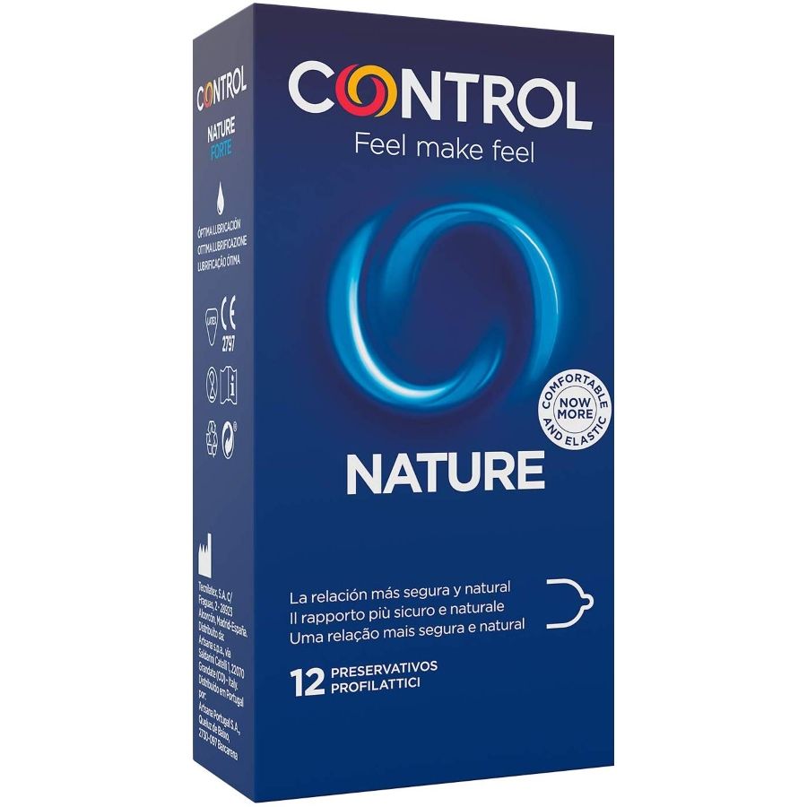 Preservativi adattabili CONTROL Adapta Nature in confezione da 12 unità, confezione di preservativi CONTROL Condoms, prodotto naturale.