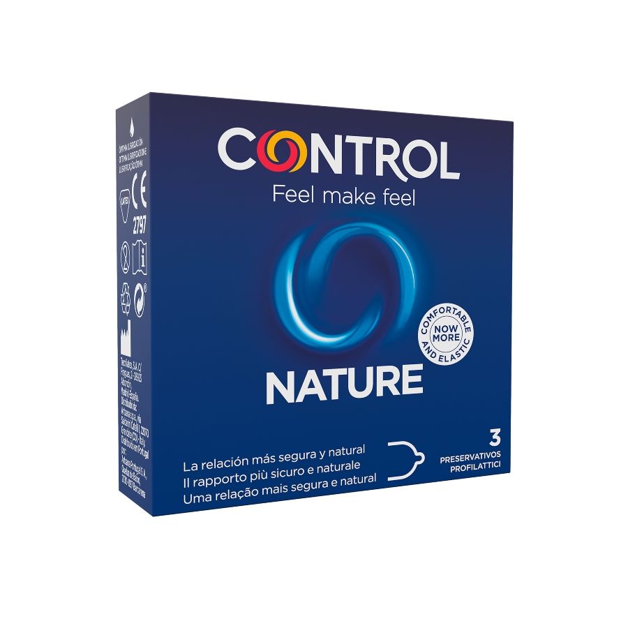 Preservativi Control Adapta Nature, confezione da 3 unità, con dettagli sulla confezione e il marchio CONTROL CONDOMS.