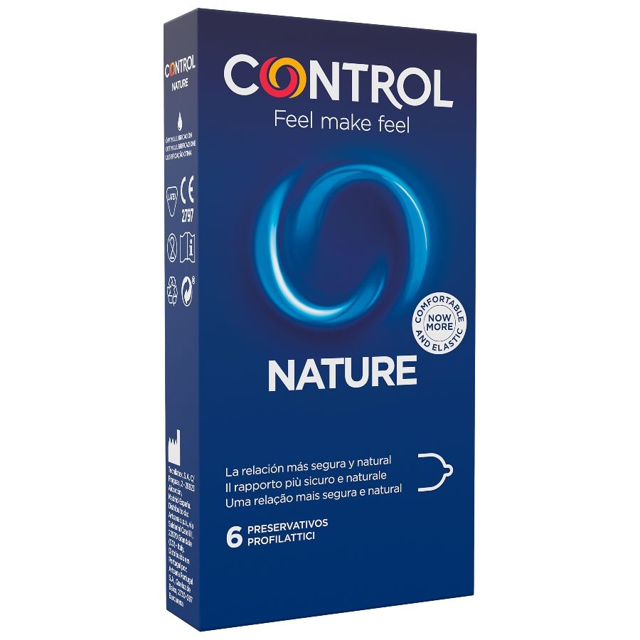 Preservativi CONTROL Adapta Nature in confezione da 6 unità, lubrificati e naturali, per una protezione affidabile.