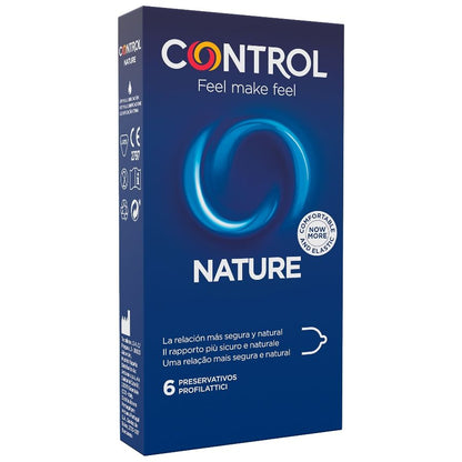 Preservativi CONTROL Adapta Nature in confezione da 6 unità, lubrificati e naturali, per una protezione affidabile.