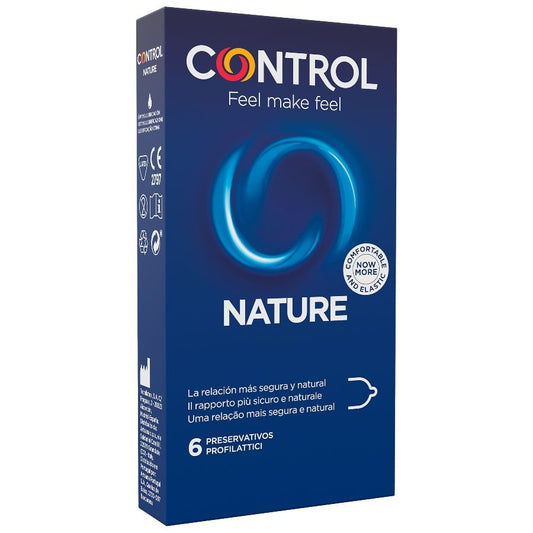 Preservativi CONTROL Adapta Nature in confezione da 6 unità, lubrificati e naturali, per una protezione affidabile.