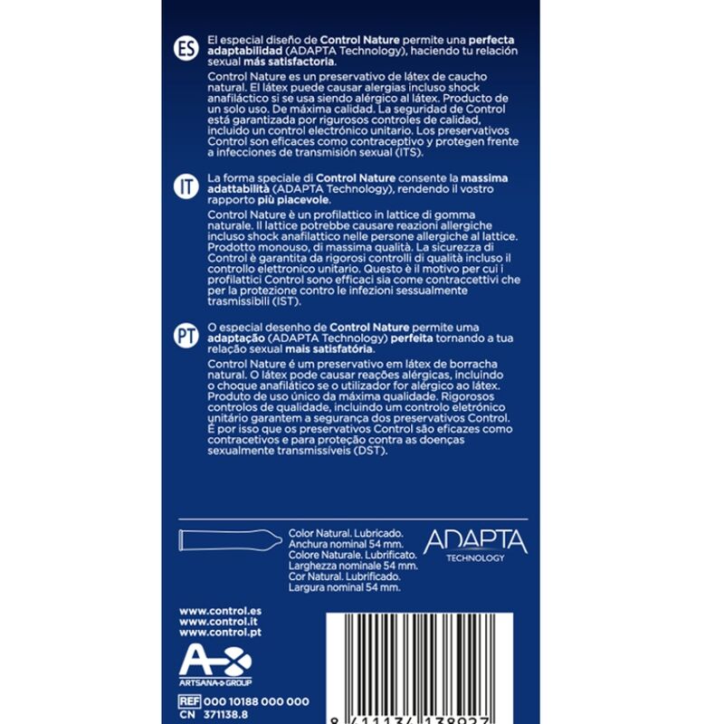 Preservativi Control Adapta Nature in confezione da 6 unità, con confezione di preservativi Control Condoms.