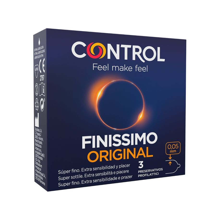 Preservativi finissimi del marchio CONTROL, confezione da 3 unità, ideale per protezione sottile e confortevole.