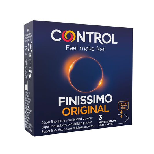 Preservativi finissimi del marchio CONTROL, confezione da 3 unità, ideale per protezione sottile e confortevole.