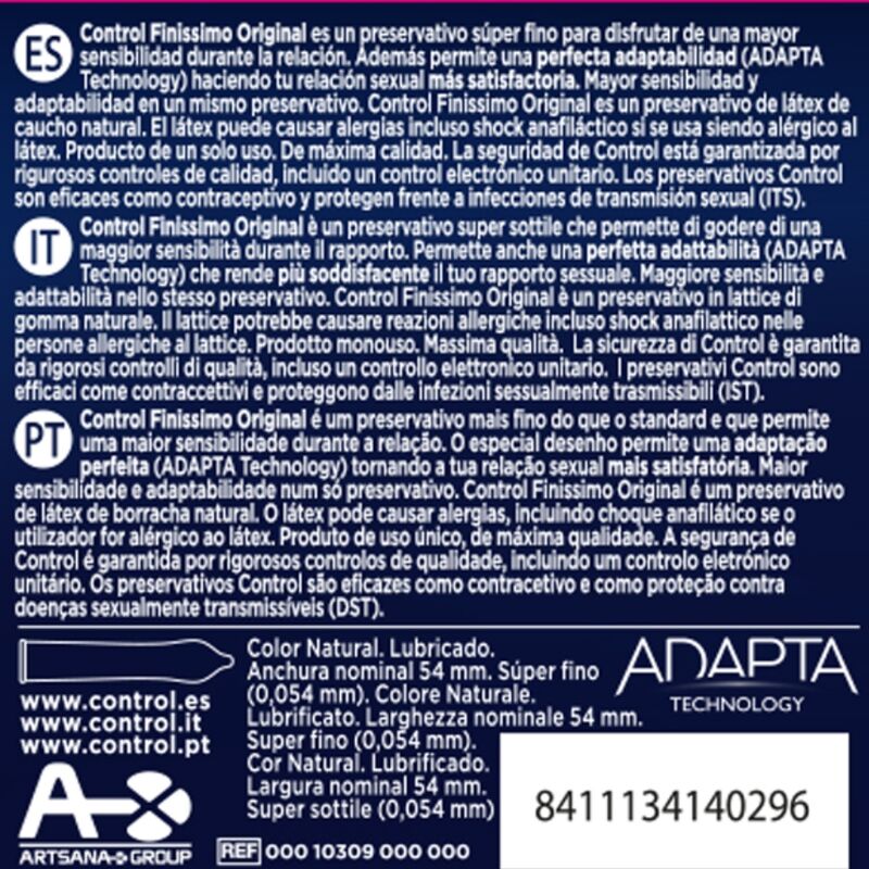 Preservativi finissimi CONTROL Condoms, confezione da 3 unità, in confezione con dettagli del prodotto.