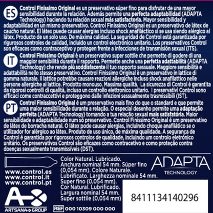 Preservativi finissimi CONTROL Condoms, confezione da 3 unità, in confezione con dettagli del prodotto.