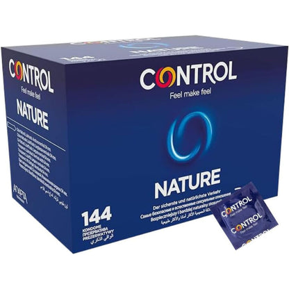 Preservativi naturali CONTROL, confezione da 144 unità, con sigillo di sicurezza, visibili nella confezione del prodotto.
