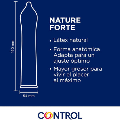 Preservativi CONTROL Nature Forte, confezione da 144 unità, con confezione di preservativi CONTROL CONDOMS, dettaglio del pacchetto.