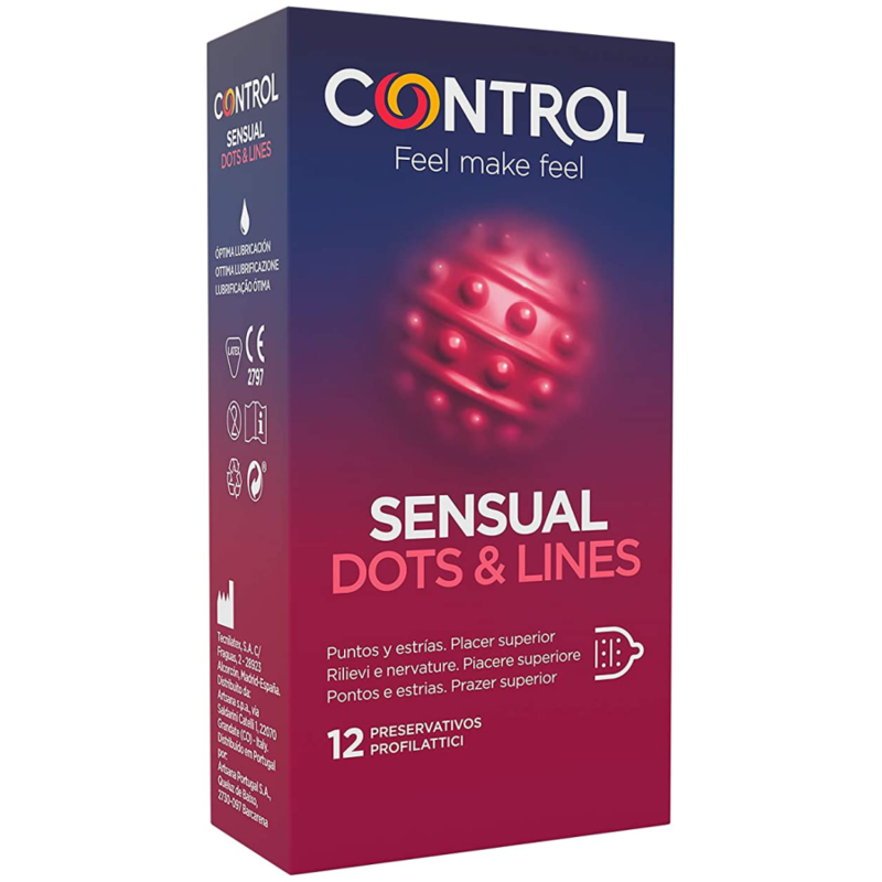 Condoms Control Punti e Linee Sensuali, confezione da 12 unità, con motivo a punti e linee per sensazioni intense e comfort.