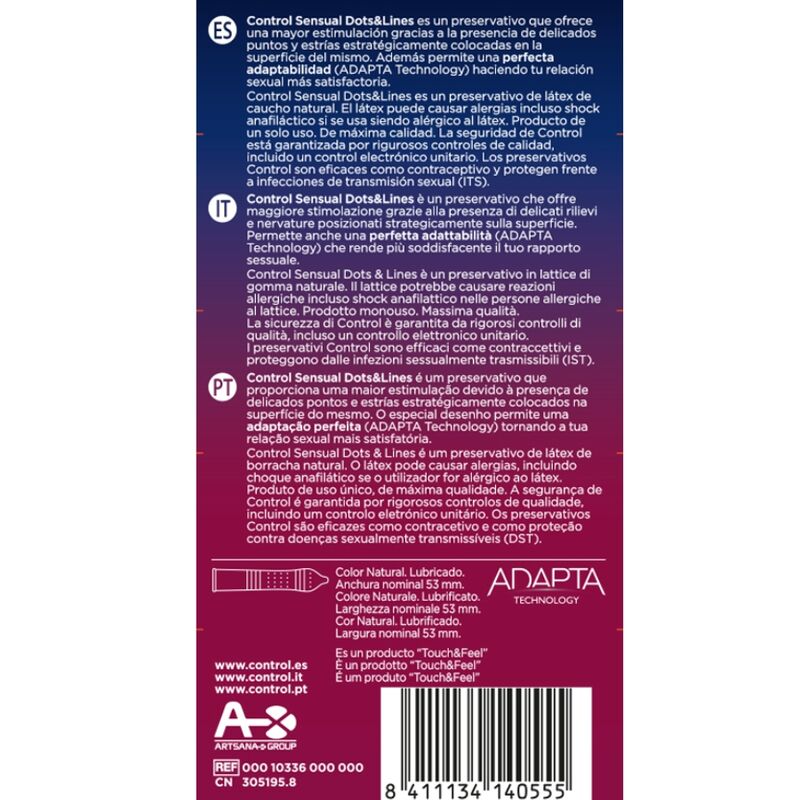 Condoms CONTROL Punti e Linee Sensuali, confezione da 12 unità, mostra dettagli delle superfici e design del prodotto.