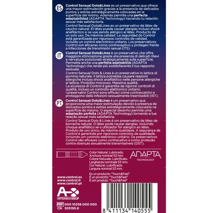 Condoms CONTROL Punti e Linee Sensuali, confezione da 12 unità, mostra dettagli delle superfici e design del prodotto.