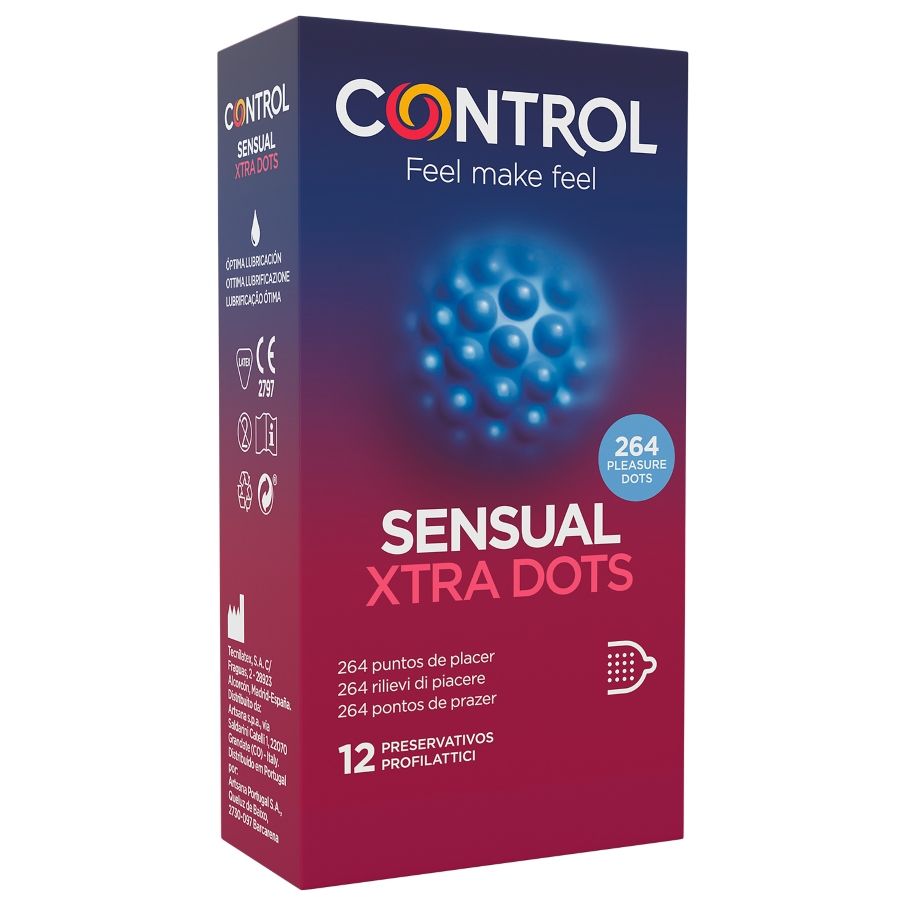 Preservativi CONTROL XTRA DOT, confezione da 12 pezzi, con punti stimolanti, visibili nell'immagine.