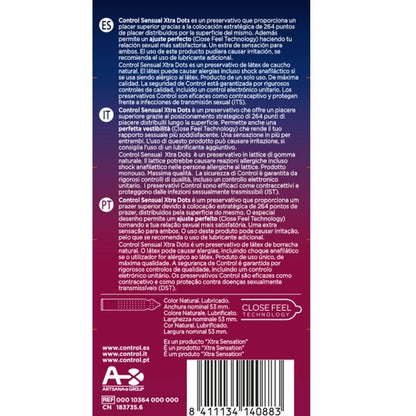 Preservativi CONTROL XTRA DOT, confezione da 12 pezzi, con superficie a punti per una maggiore stimolazione.