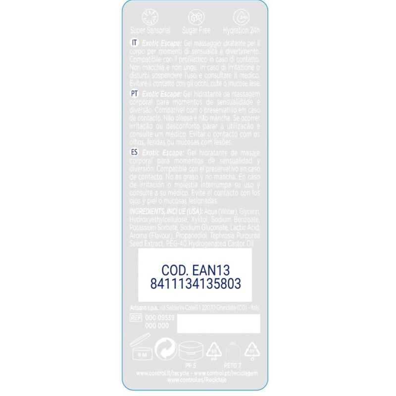 Gel massaggi e piacere CONTROL 2 in 1, formato da 200 ml, con texture liscia e brillante, marca CONTROL LUBES.