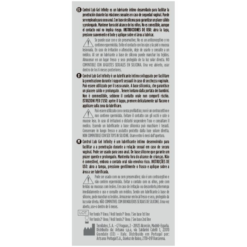 Lubrificante a base di silicone Infinity di CONTROL LUBES, bottiglia da 75 ml, con etichetta e dispenser visibili.