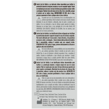 Lubrificante a base di silicone Infinity di CONTROL LUBES, bottiglia da 75 ml, con etichetta e dispenser visibili.