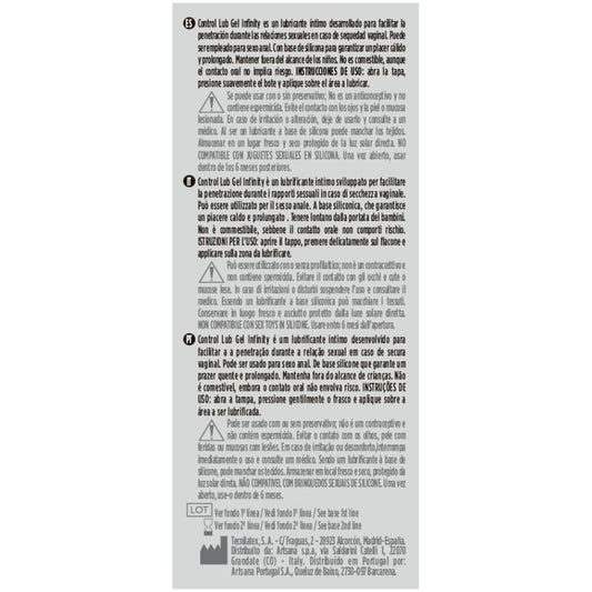 Lubrificante a base di silicone Infinity di CONTROL LUBES, bottiglia da 75 ml, con etichetta e dispenser visibili.