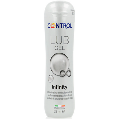 Lubrificante a base di silicone Infinity da 75 ml di CONTROL LUBES, bottiglia con etichetta bianca e dettagli blu.