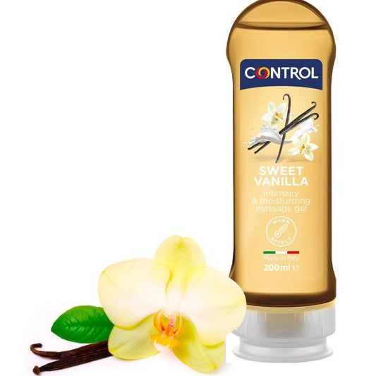 Gel massaggi 2 in 1 CONTROL LUBES, dolce aroma del Madagascar, bottiglia da 200 ml, con etichetta visibile sul prodotto