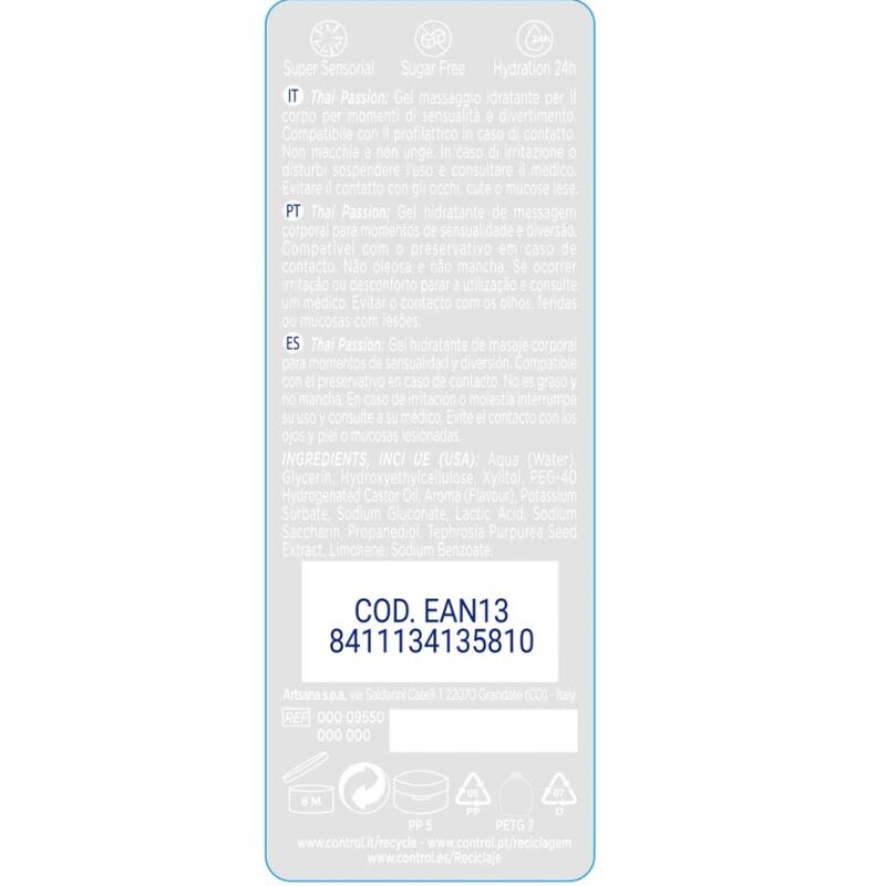 Lubrificante CONTROL Massaggio e Piacere 2 in 1 Passione Thai, bottiglia da 200 ml, con etichetta e dettagli del prodotto