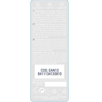 Lubrificante CONTROL Massaggio e Piacere 2 in 1 Passione Thai, bottiglia da 200 ml, con etichetta e dettagli del prodotto