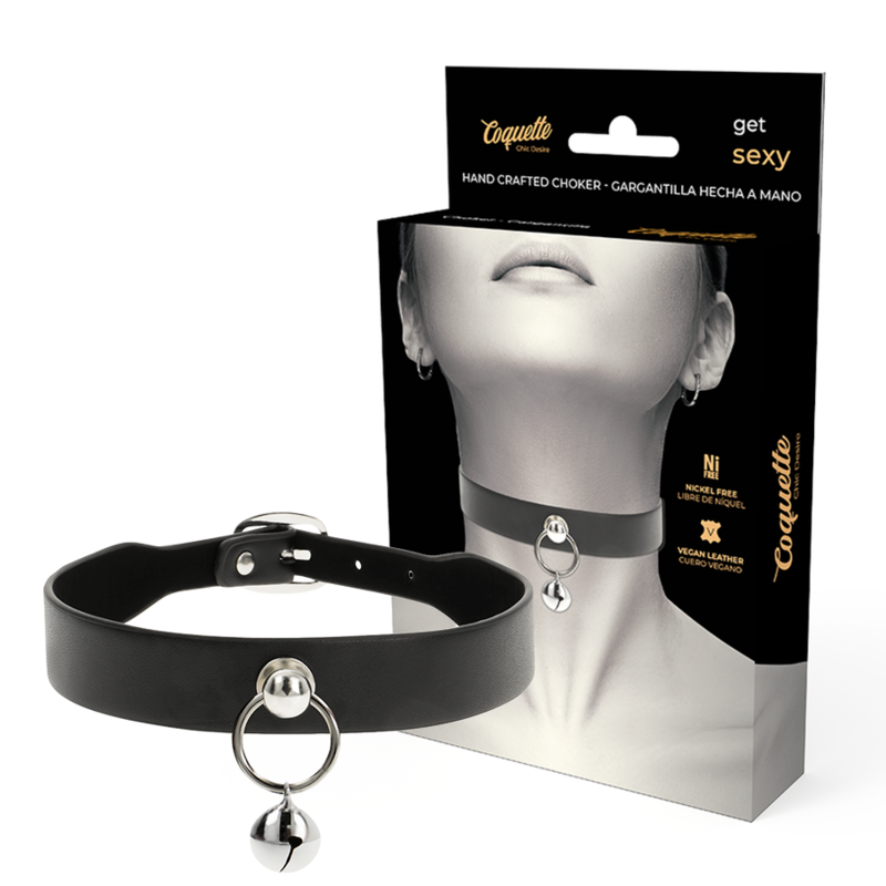 Collana in pelle vegana Coquette Chic Desire con ciondolo a sonaglio e cerchio, accessorio elegante donna.