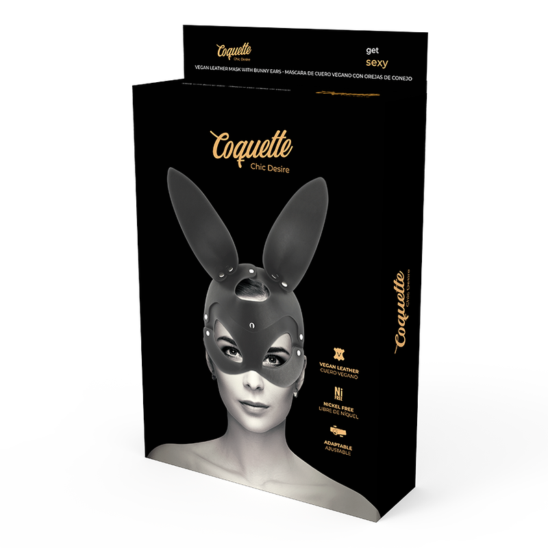 Maschera vegana in pelle Coquette Chic Desire con orecchie di coniglio, accessorio divertente e elegante in stile giocoso.