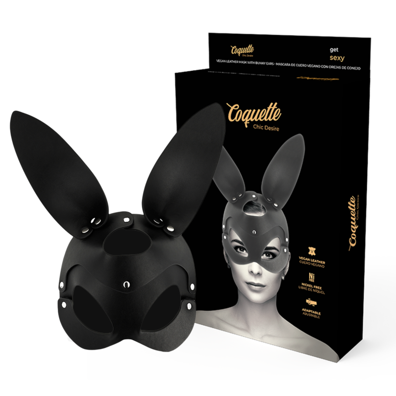 Maschera vegana in pelle Coquette Chic Desire con orecchie di coniglio, accessorio di moda elegante e divertente.