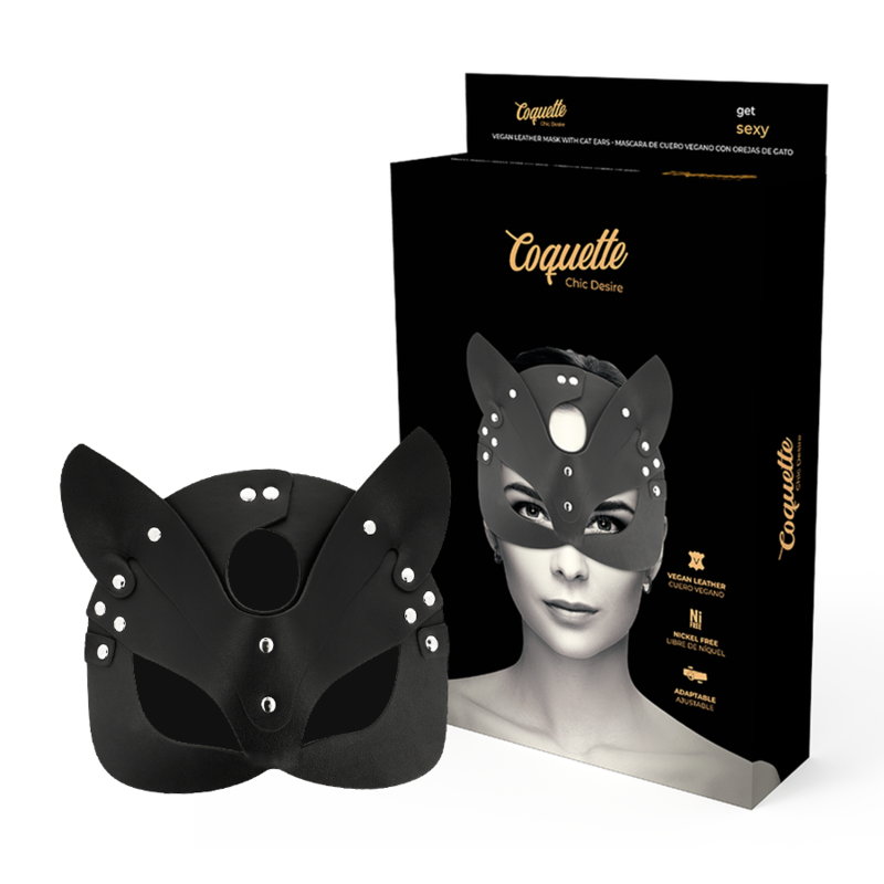 Maschera vegana in pelle Coquette Chic Desire con orecchie di gatto, accessorio originale e elegante per feste.