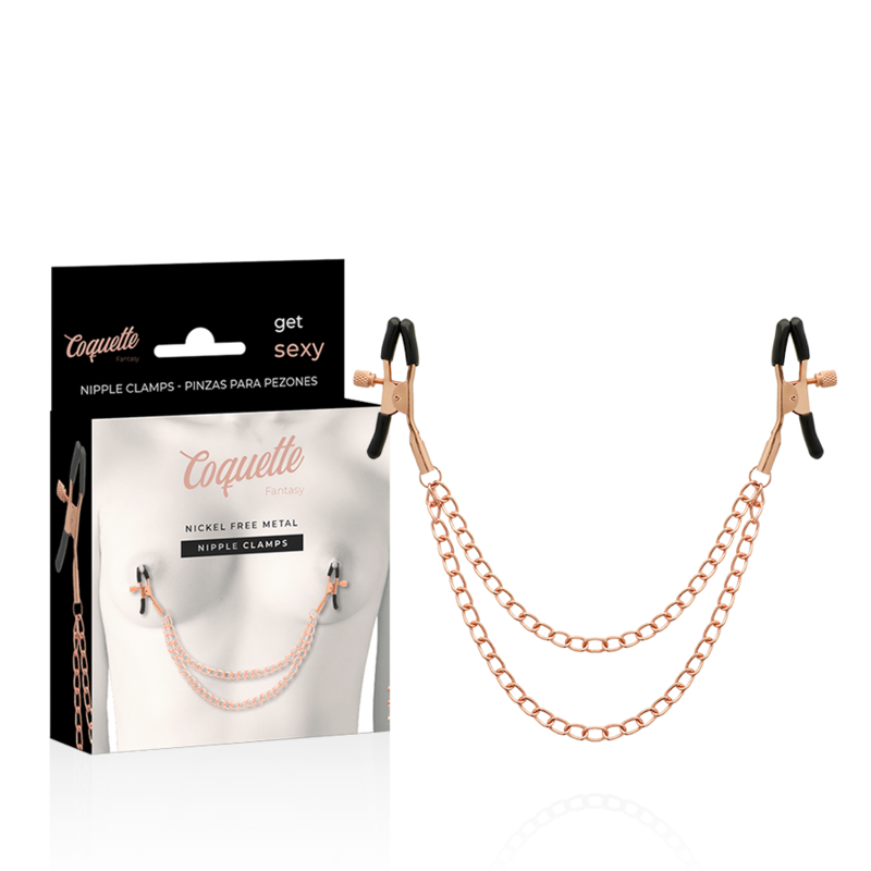 Clips per capezzoli in metallo fantasia con catena, prodotto Coquette Fantasy, dettagli decorativi e stile sexy.
