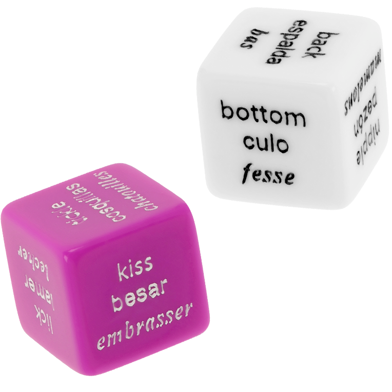 Dadi erotici COVERME per giochi di coppia, set di dadi in diverse lingue, su sfondo bianco.