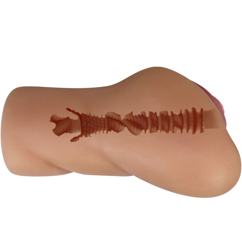 Silicone Crazy Bull Eliana, dildo mulatto con vagina e ano, dettagli realistici e texture naturale, per uso intimo.