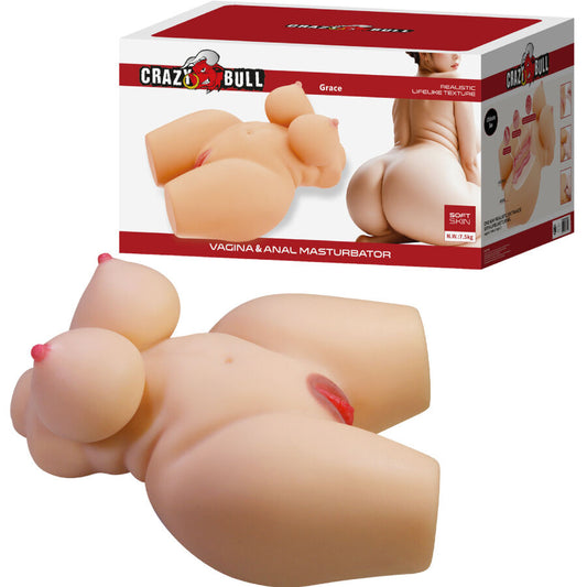 Torso femminile realistico CRAZY BULL Grace con vagina e ano, peso 7,5 kg, dettaglio anatomico e texture realistica.